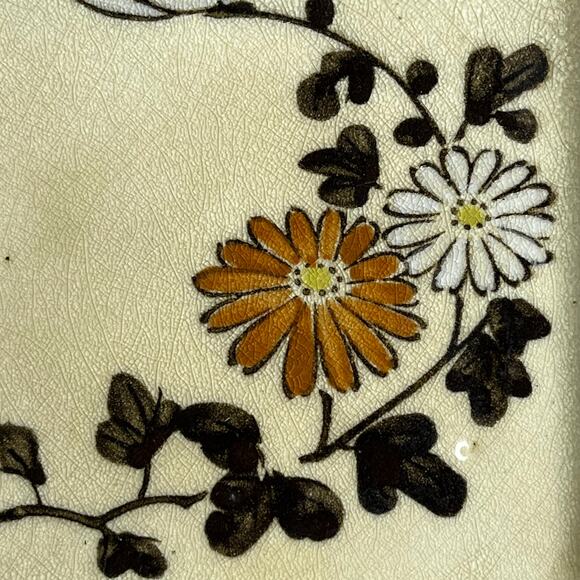 Vintage Asian Hand Painted Fall Daisy Coaster Sushi Plate Wood Box Set of 5 - Picture 3 of 7